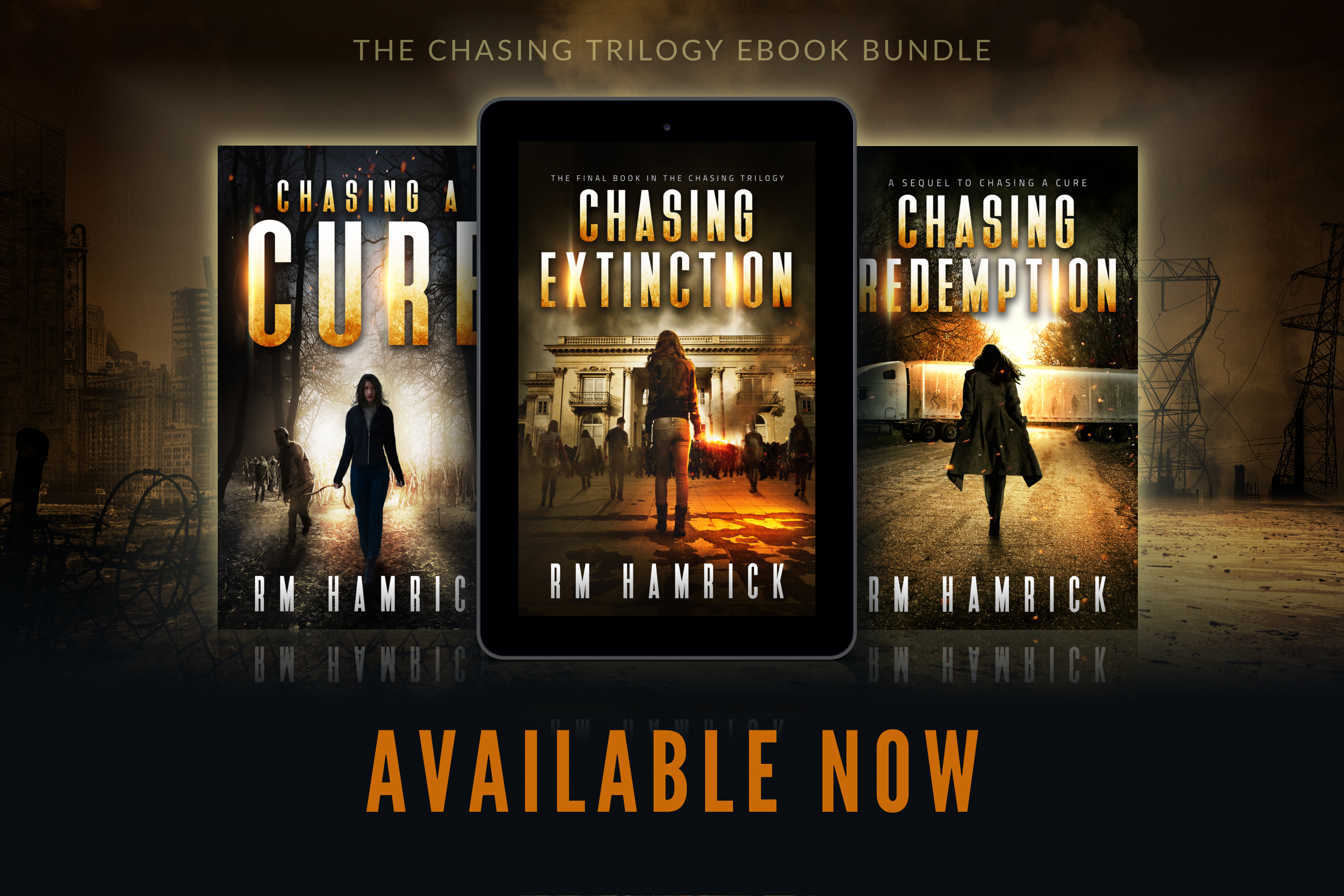 Three Chasing book covers, one inside ipad set in front of a ruined city background. "The Chasing Trilogy ebook bundle Available now"